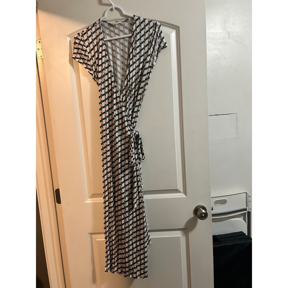 Boden Women Green Pink Geometric Chevron Midi Wrap Dress Size US 8L Long